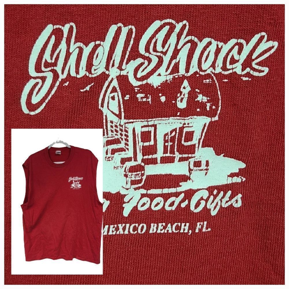 Men's XL Red Shell Shack Graphic Beach Tee Sleeveless Shirt Casual Florida Stop